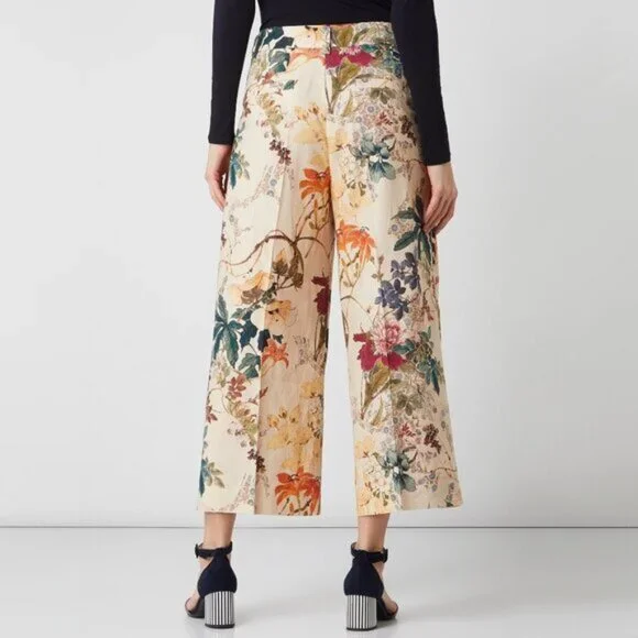 EUC Seductive Pants cream beige floral print wide leg linen blend culottes, 36